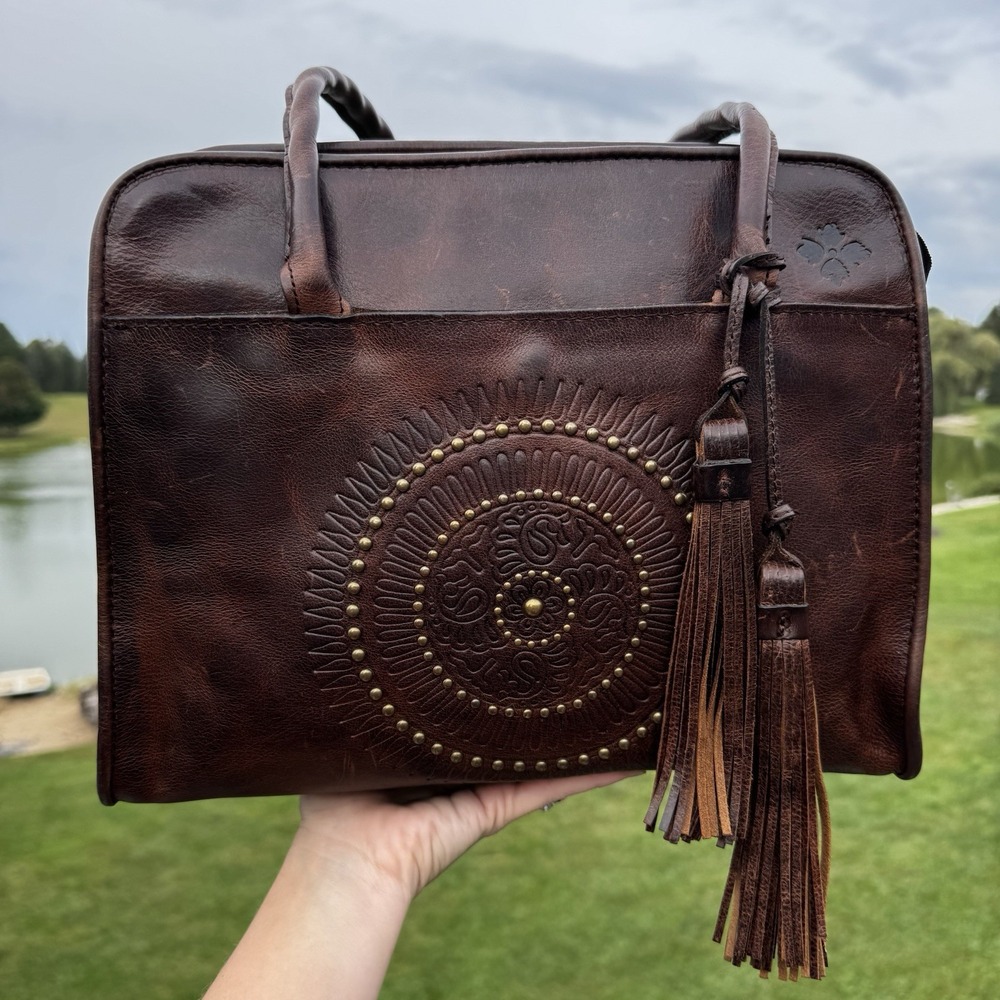 Patricia Nash Gorgeous Brown Leather Purse Tote Bag Handbag Brass Detail Fringe